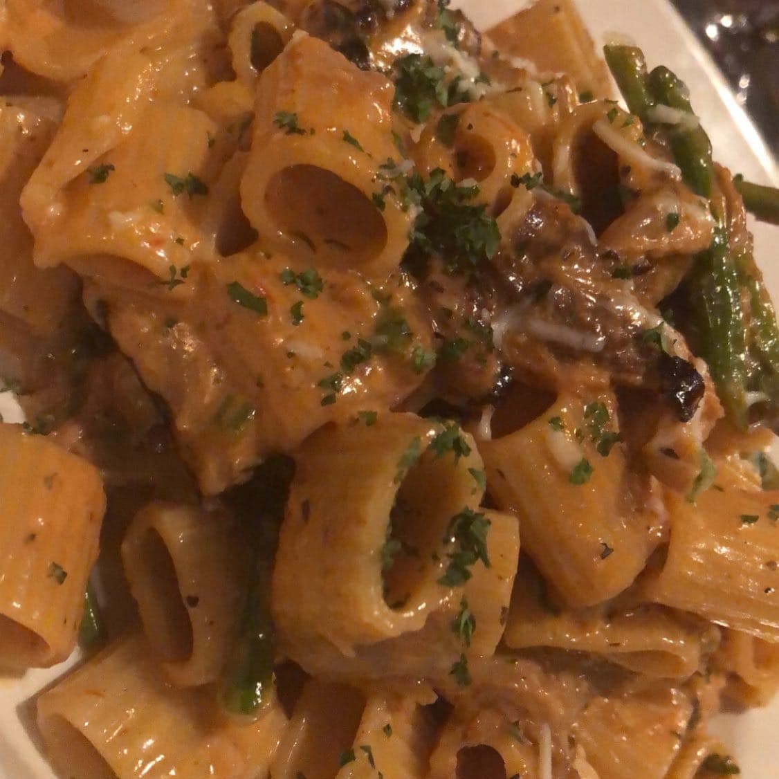 Rigatoni pasta with asparagus and mushrooms in a creamy gorgonzola sauce at The Mansard